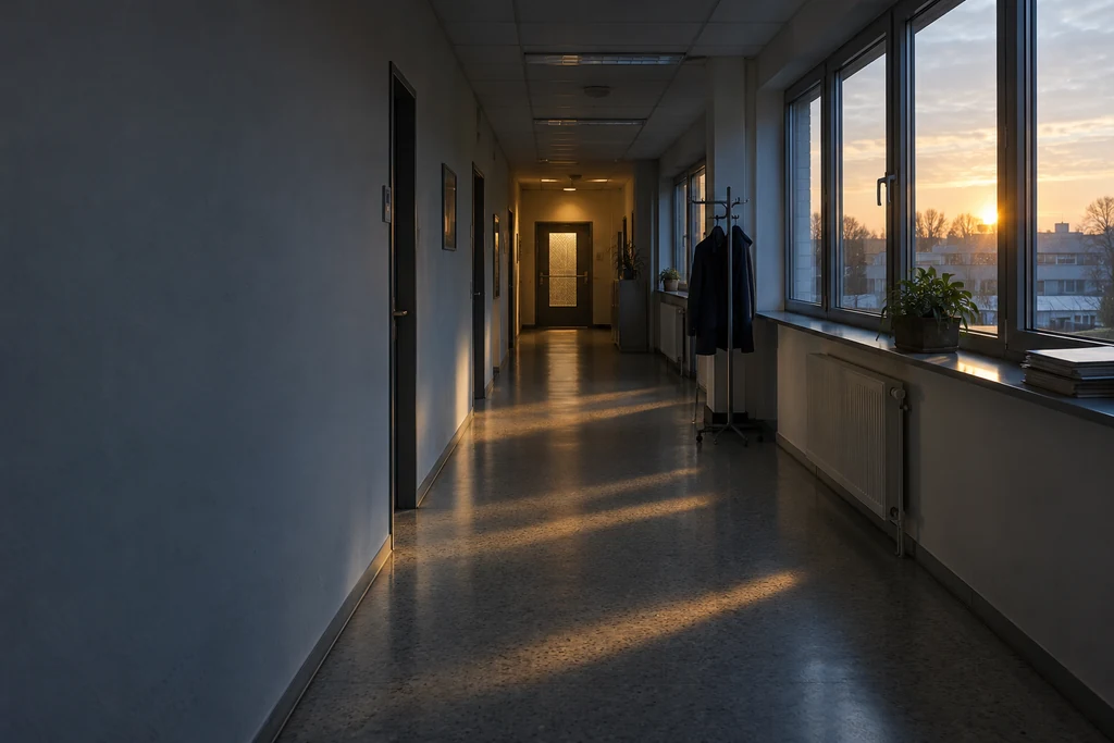 Flur in einem Betrieb, erstes Morgenlicht fällt durch die Fenster