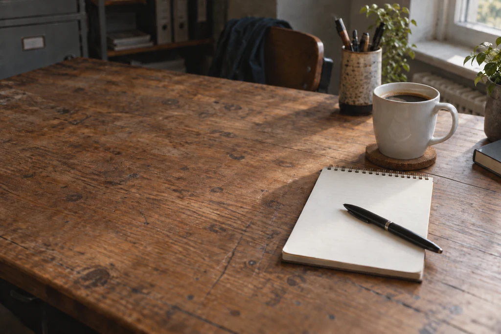 Schreibtisch mit Notizblock, Stift und Tasse in ruhigem Licht