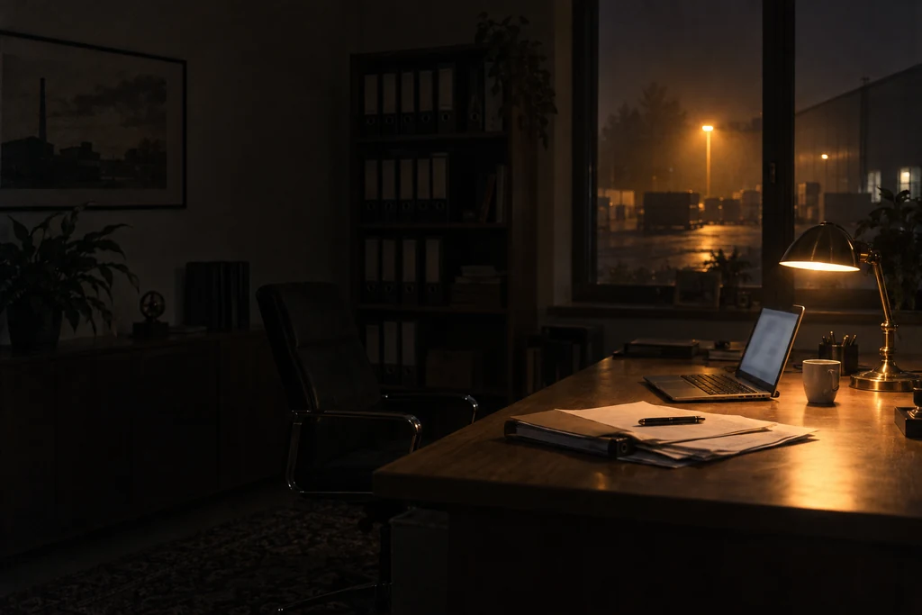 Büro der Geschäftsführung bei Nacht, Schreibtischlampe, aufgeklappter Laptop, Unterlagen